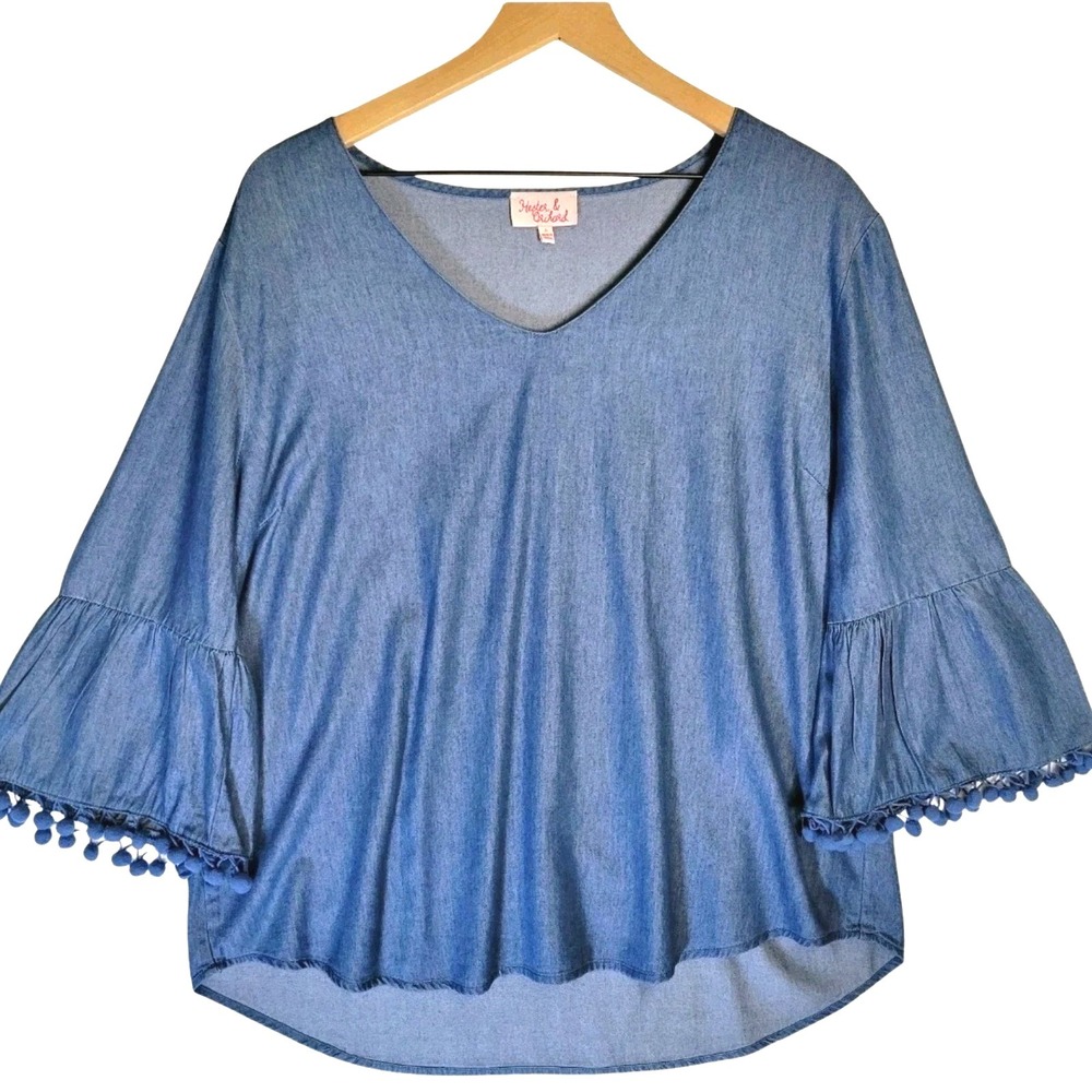Hester & Orchard Chambray Top Womens L Bell Sleeve Pom Pom Western Boho